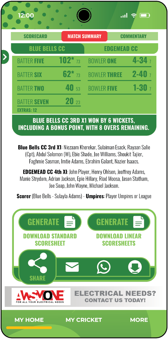 Match Summary App Screen